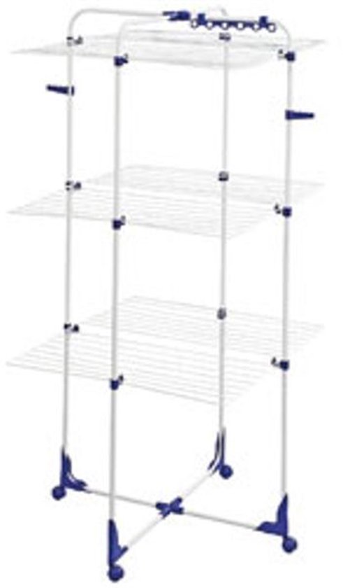 Wit met blauwe accenten, deze droogtoren heeft drie lagen met meerdere droogrekken en wieltjes aan de onderkant.