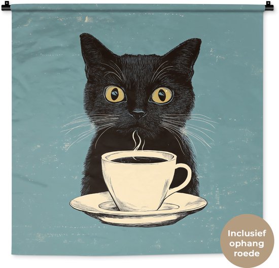 Wandkleed 90x90 cm - Wanddoek Kat - Zwart - Koffie - Minimalistisch - Wandtapijt - Wandkleden