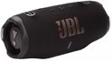 Enceinte JBL Charge 6 noire, tournée, avec logo JBL orange et corps noir.