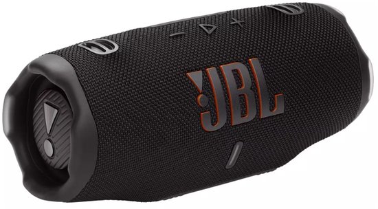 Enceinte JBL Charge 6 noire, tournée, avec logo JBL orange et corps noir.