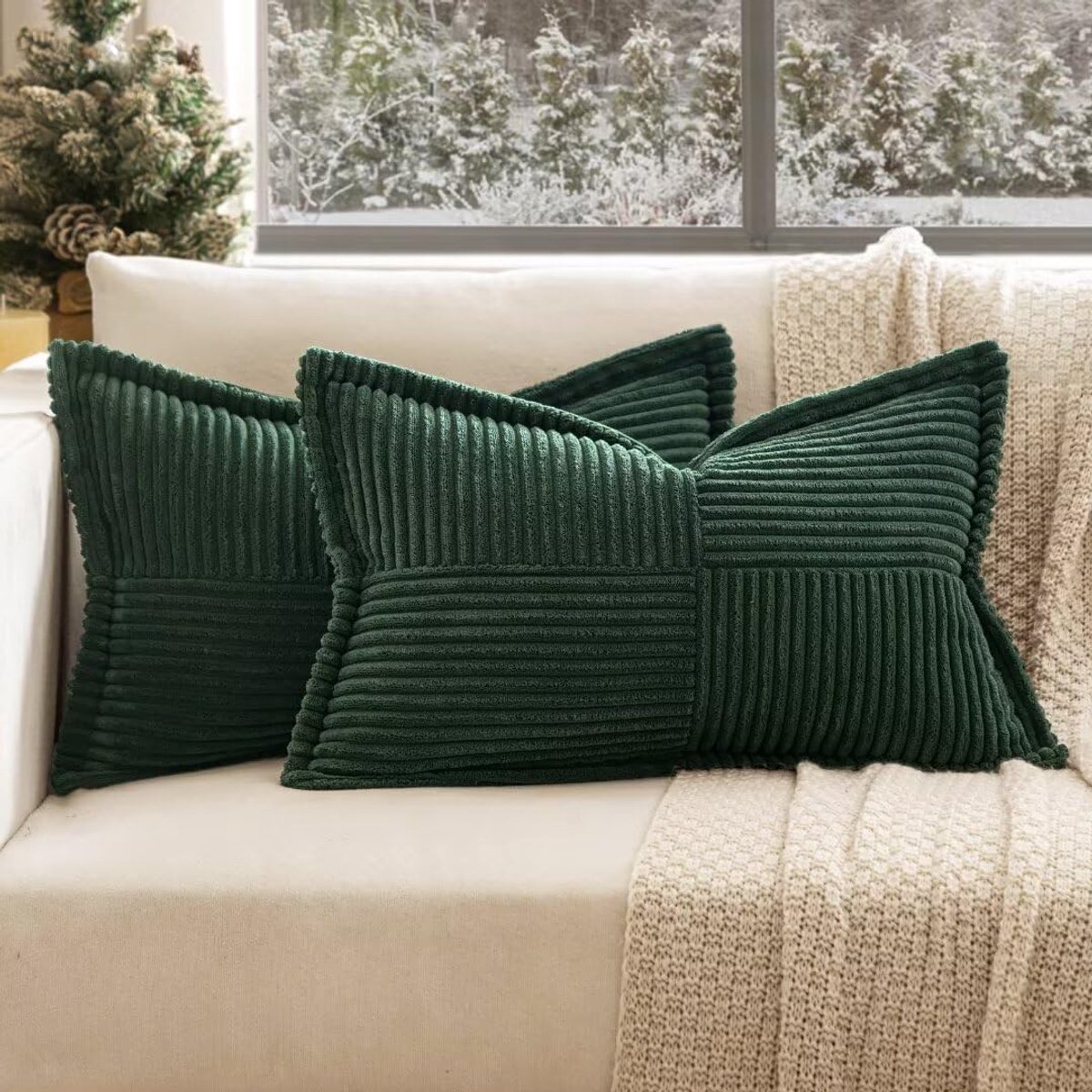 Ibenzoa Corduroy sierkussenslopen set van 2, decoratieve kussens voor bank en slaapkamer, donkergroen 30 x 50 cm