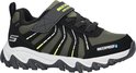 Zwarte Skechers outdoorschoen met groene mesh en gele accenten. "WATERPROOF" opdruk.