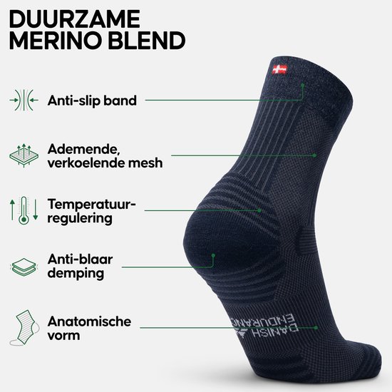 Een marineblauwe wandelsok met "DUURZAME MERINO BLEND" en functies zoals anti-slip band en ademende mesh.
