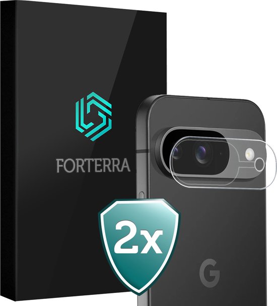 Zwarte Forterra verpakking met logo, naast een Google Pixel 10 met een camera lens protector en een '2x' schild icoon.