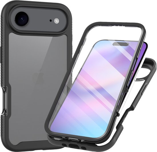 Zwarte Cazy telefoonhoes met transparante achterkant voor een iPhone, met de hoes gedeeltelijk geopend.