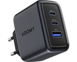 Voomy USB C Lader 65W - Oplader - Snellader - USB C Adapter - Universeel - 2 USB C & 1 USB A Poort - Geschikt voor Laptop, telefoon, tablets en meer - Space Grey
