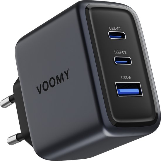 Voomy USB C Lader 65W - Oplader - Snellader - USB C Adapter - Universeel - 2 USB C & 1 USB A Poort - Geschikt voor Laptop, telefoon, tablets en meer - Space Grey