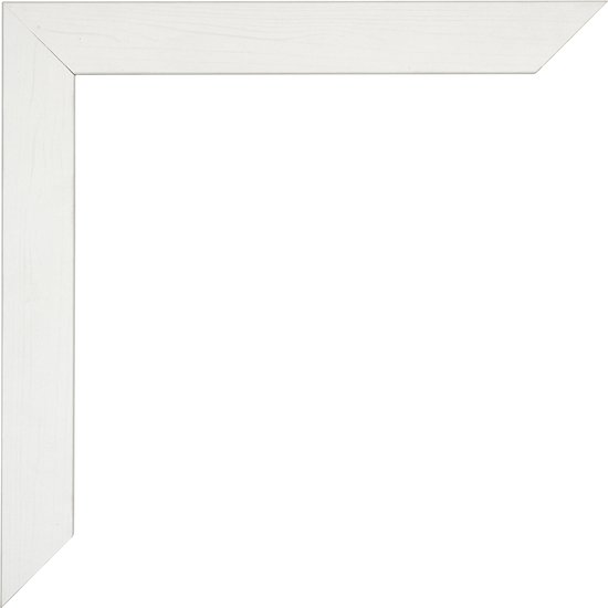 Een deel van een witte fotolijst met een geborstelde houtnerf in een hoek.