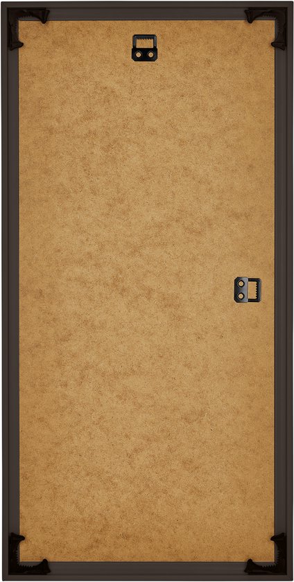 Achterkant van een antracietkleurige fotolijst 45x80 cm met ophanghaken.