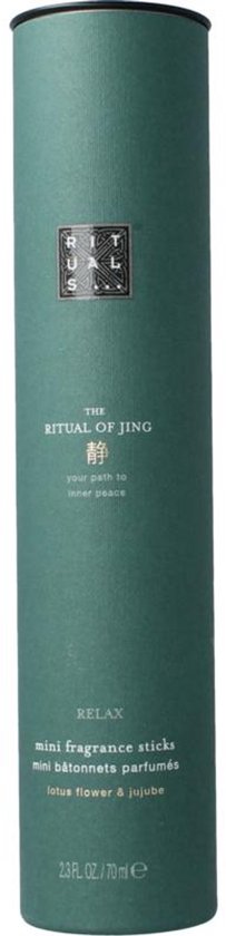 Donkergroene kartonnen verpakking voor 'The Ritual of Jing' mini geurstokjes.