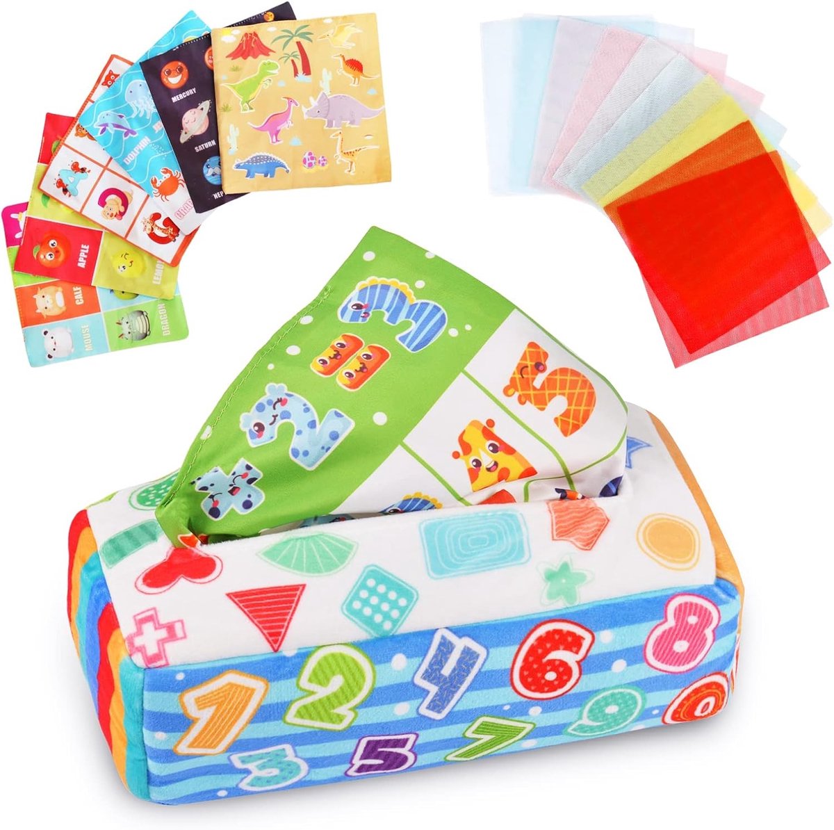 Sensorische Tissue Box met 6 leuke grafische thema's en 15 sjaals voor peuters en zuigelingen - Baby Tissue Box Speelgoed