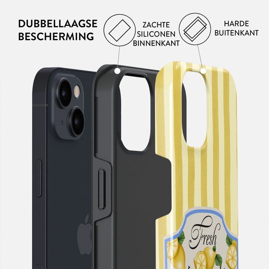 Uitsnede van een telefoon met dubbellaagse bescherming, zachte binnenkant en harde buitenkant.