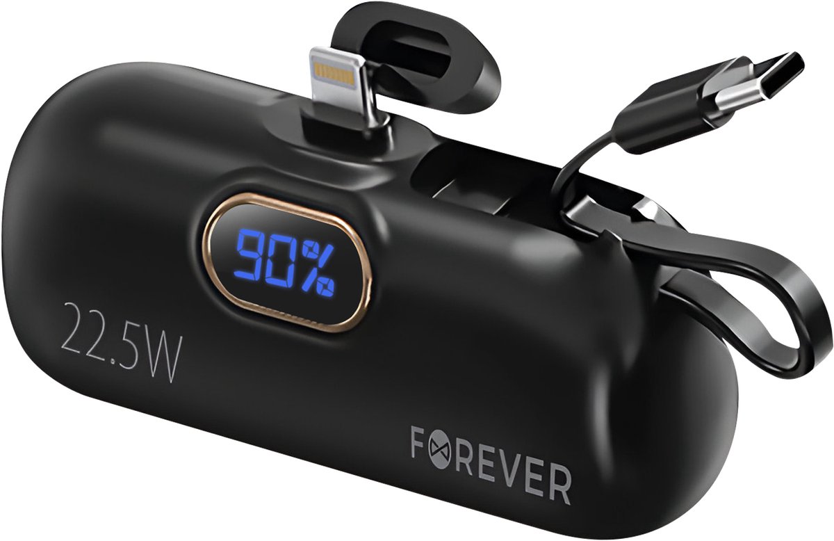 Forever, Externe 5000mAh batterij Lightning-connector + geïntegreerde USB C-kabel, Zwart