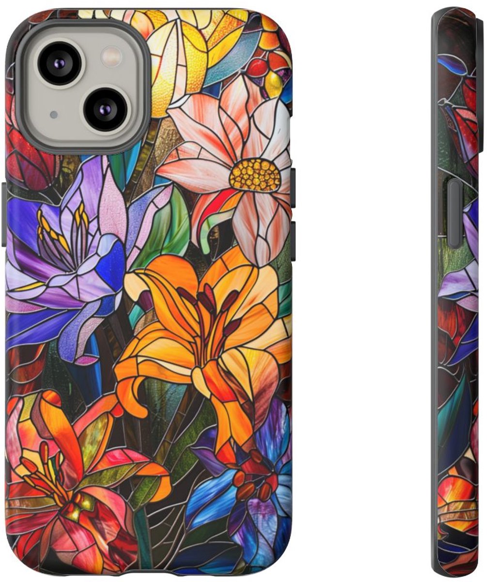 Levendig Gebloemd Glas-in-Lood Ontwerp – Telefoonhoesje Geschikt voor iPhone 14