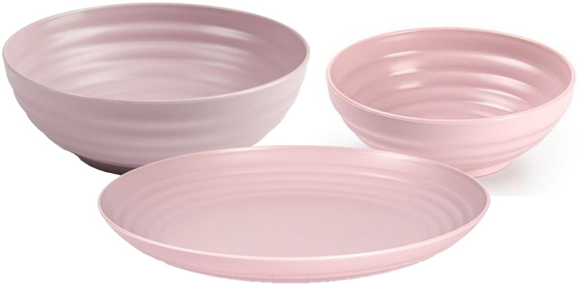 Plasticforte camping borden en kommetjes set - roze - kunststof - 3 soorten - 18x stuks - onbreekbaar servies