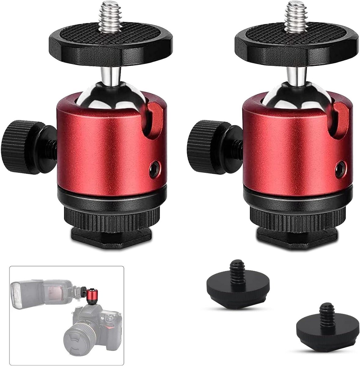 Allecto Plus - 2 stuks mini kogelkop statiefkop met 1/4 schroefgat voor camera's DSLR LED-licht - 360° draaibare kogelkop met kogelgewricht - compatibel met Nikon, HTC Vive VR - monopod slider statief - hoogwaardige materialen