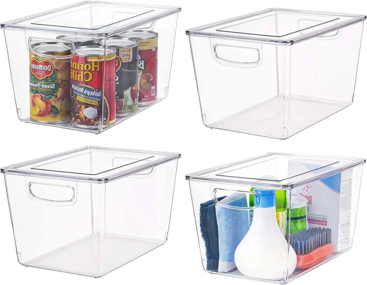 Inovra Plus - Stapelbare Opbergboxen met Deksel (4 Stuks) - Kunststof Opbergboxen met Handvatten - Badkamer Kast Toilet Kelder Koelkast Keuken Opslag - BPA-vrij - 29 x 20 x 15cm