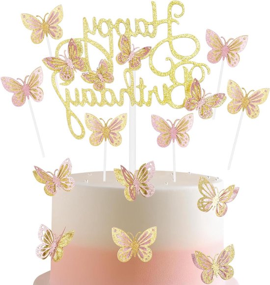 13-delige set Vlinder Happy Birthday Taarttoppers - Goudroze Glitter Taartdecoraties - Vlinderthema - Meisjes en Vrouwen Verjaardagsdecoraties