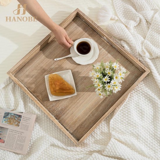 Hanobe Groot Houten Ottomaanse Dienblad 50cm - Vierkante Salontafel Tray Met Handgrepen | Rustieke Boerderijstijl Voor Woonkamer & Feesten