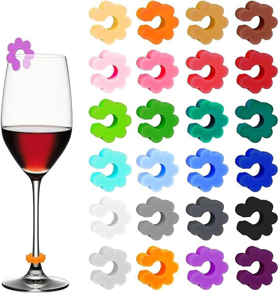24-delige set wijnglazenhangers en flessenstops voor feestdecoratie en thuisgebruik. Siliconen dranketiketten voor wijnglazen in verschillende kleuren - 2x2cm.
