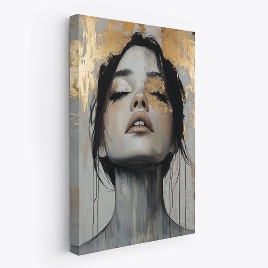 FineArtia - Zwart-wit gouden vrouwenportret - Canvas Schilderij - 100 x 150 cm - Woonkamer Decoratie - Blauw;Grijs;Zwart - Slaapkamer Schilderij - Wanddecoratie