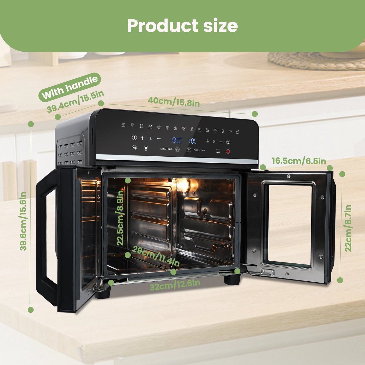 Afbeelding 3 van Heteluchtfriteuse – Airfryer - Airfryer Oven XXL - 23L - 2200W - 240V - LED Touchscreen - Dubbele Lades - 15 Programma’s - Kijkvenster - Zwart