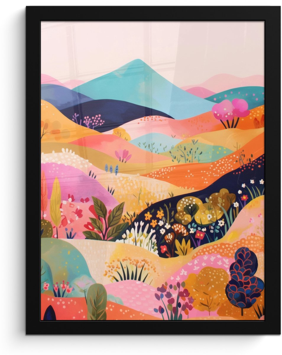 FrameYourWall Poster in lijst - Fotolijst 30x40 cm - Posters - Golvende heuvels - Abstracte planten - Dromerig - Posterlijst zwart - Decoratie - Wanddecoratie woonkamer - Muurdecoratie slaapkamer Heuvels - Kleurrijk