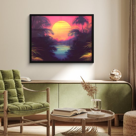 Poster in lijst - Fotolijst 80x60 cm - Posters - Zon - Geel - Palmbomen - Tropisch - Posterlijst zwart - Decoratie - Wanddecoratie woonkamer - Muurdecoratie slaapkamer