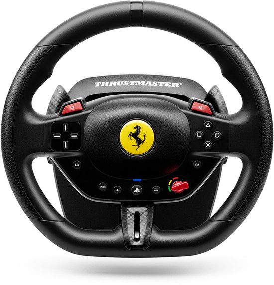 Zwart race stuur met Ferrari logo, grijze accenten en rode knoppen. Tekst: THRUSTMASTER.