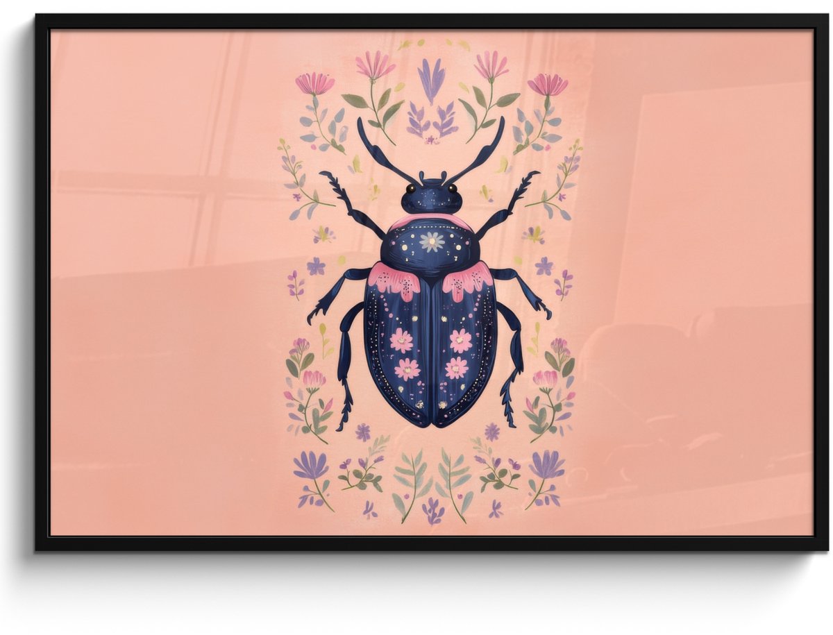 FrameYourWall Poster in lijst - Fotolijst 120x80 cm - Posters - Kever - Donkerblauw - Bloemen - Sierlijk - Posterlijst zwart - Decoratie - Wanddecoratie woonkamer - Muurdecoratie slaapkamer Bloemen - Kever
