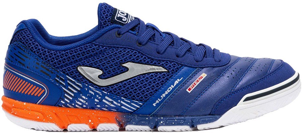 Joma Mundial zaalvoetbalschoenen in blauw met oranje accenten, EU 42, ontworpen voor snelheid en professionaliteit.