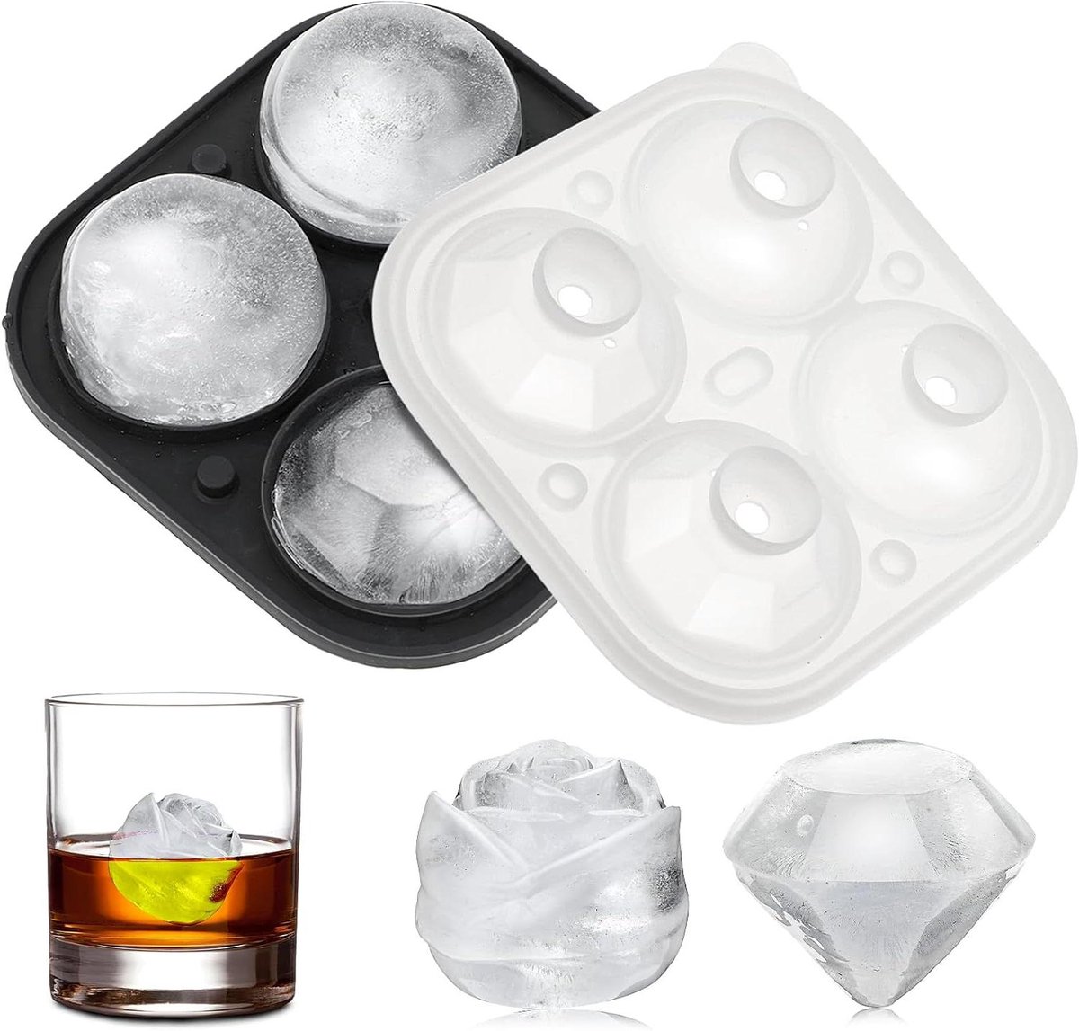 Provento - Siliconen ijsblokjesvorm met deksel voor grote ijsblokjes - BPA-vrij - Voor verjaardagsfeest, bruiloft, whisky cocktails - 4 vakken.