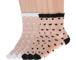 6 paar Kanten Sokken - Sokken met Kanten Rand - Met hartpatroon - Kanten Ruches Enkelsokken voor Dames - Halfhoge Kanten Sokken - Prinsessenaccessoires - Draag met Jurken, Rokken, Shorts, Sandalen en Hakken - Zwart, Wit