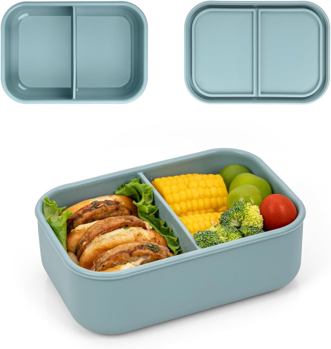 100% siliconen lunchbox voor volwassenen met 2 compartimenten, 24 oz, herbruikbare kleine lunchbox met verdeling voor het bewaren van voedsel en snacks, BPA-vrij plastic, magnetron- en vaatwasserbestendig, groen