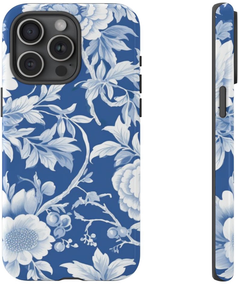 Blauw-Wit Bloemenpatroon – Telefoonhoesje Geschikt voor iPhone 15 Pro Max