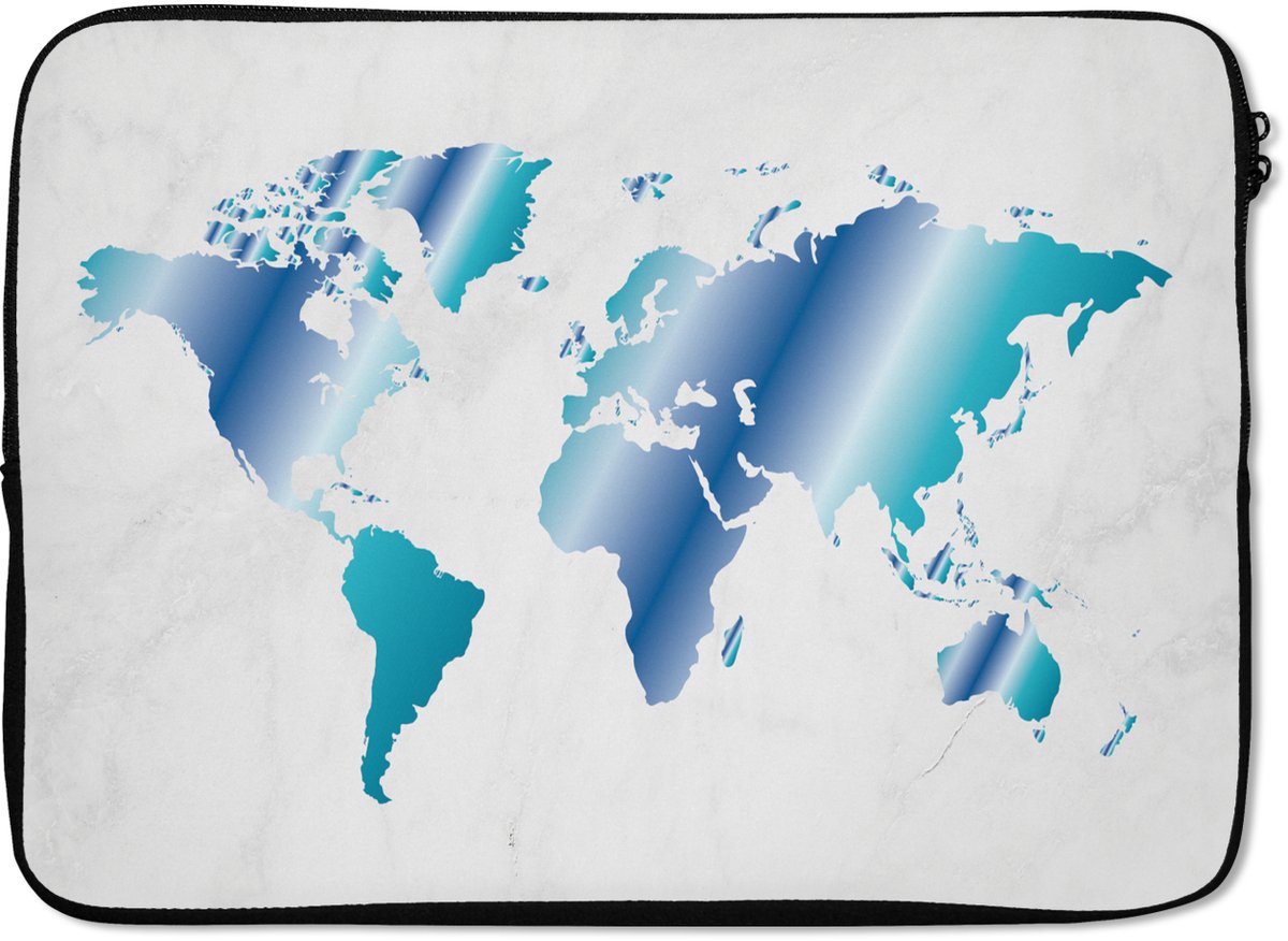 Laptophoes 14 inch - Wereldkaart - Blauw - Marmer print - Laptop sleeve - Binnenmaat 33x23 cm - Zwarte achterkant