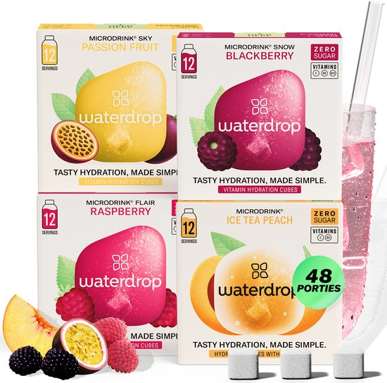 waterdrop® Microdrink Proefpakket – 48 Bruistabletten in 4 Smaken (Ice Tea Peach, Braam, Framboos & Passievrucht) – Suikervrij, Met Vitamine B & C, Vegan & Glutenvrij – Minder Plastic, Meer Smaak