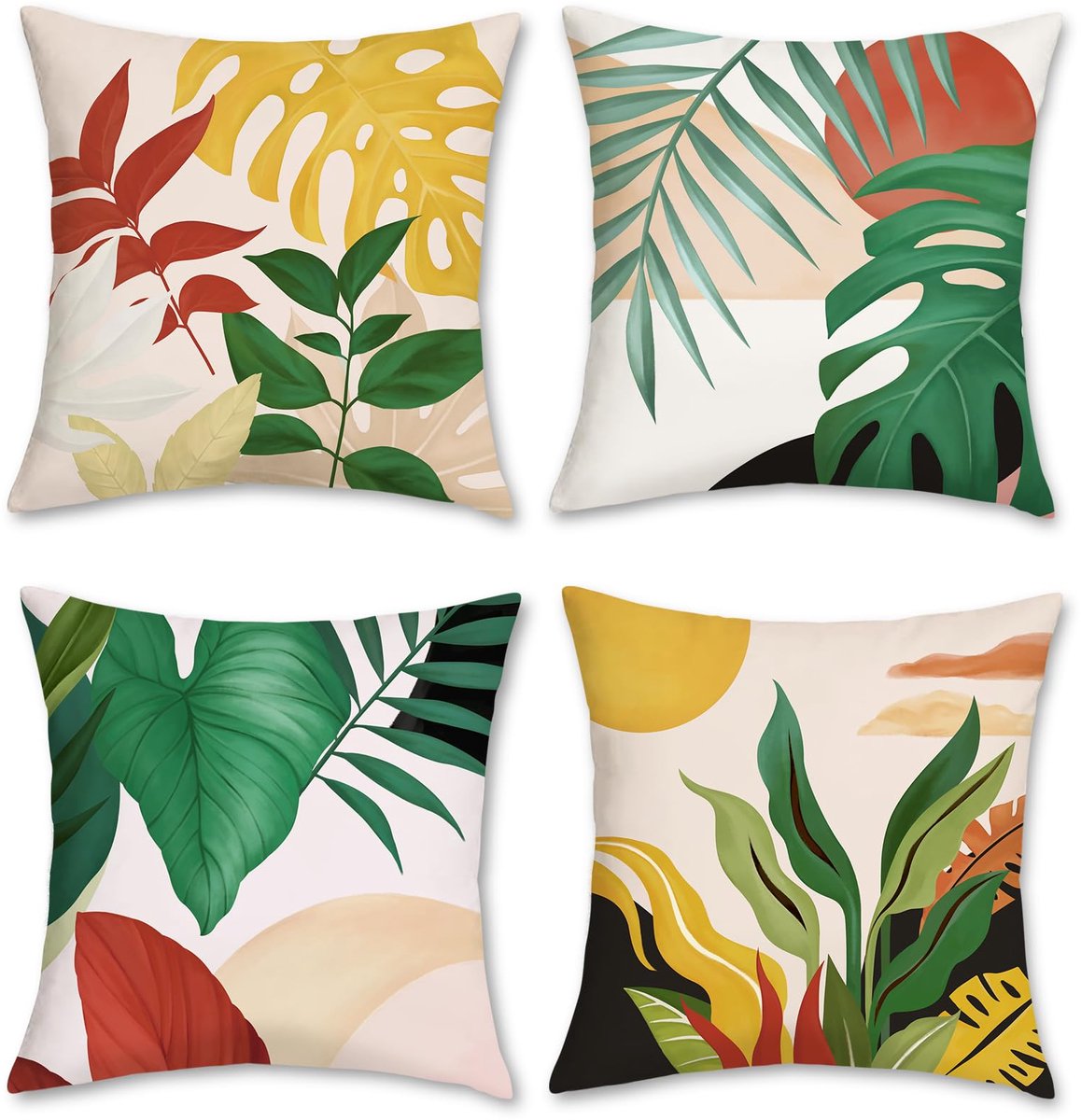Ibenzoa Set van 4 decoratieve kussenslopen met tropische palmbladeren en zonsondergang design, 45 x 45 cm kleurijk