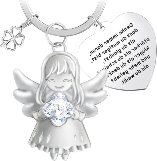 Allecto Plus - Porte-clés Ange Gardien avec Pendentif Cœur et Trèfle Porte-Bonheur - Set de 2, Strass Transparents - Porte-clés Cadeau - Dimensions 15 x 10,5 x 2 cm