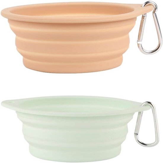 Opvouwbare siliconen hondenbak voor onderweg - 2 delig (350 ml en 600 ml) beige en groen