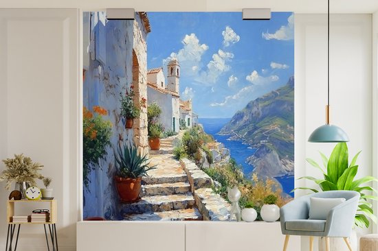 Behang - Fotobehang Trap - Huizen - Berglandschap - Zee - Breedte 240 cm x hoogte 240 cm