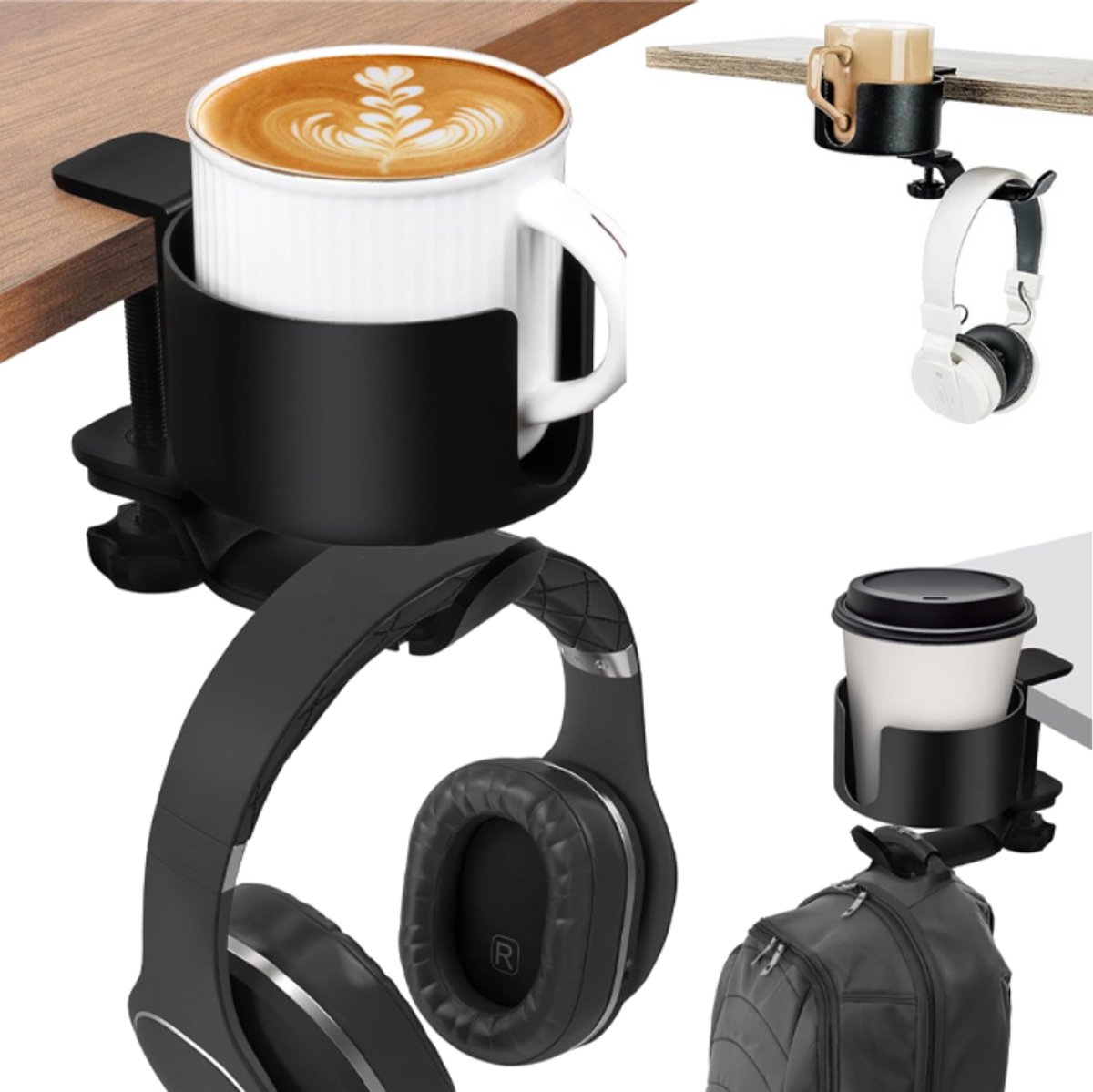Bekerhouder Voor Op Tafel & Bureau - 2 in 1 Bekerhouder met Hoofdtelefoon Hanger - Bureaubekerhouder - Koptelefoonhouder - Multifunctionele Onder de Tafel Headset Hanger met 360° Roterende Bracket - Zwart