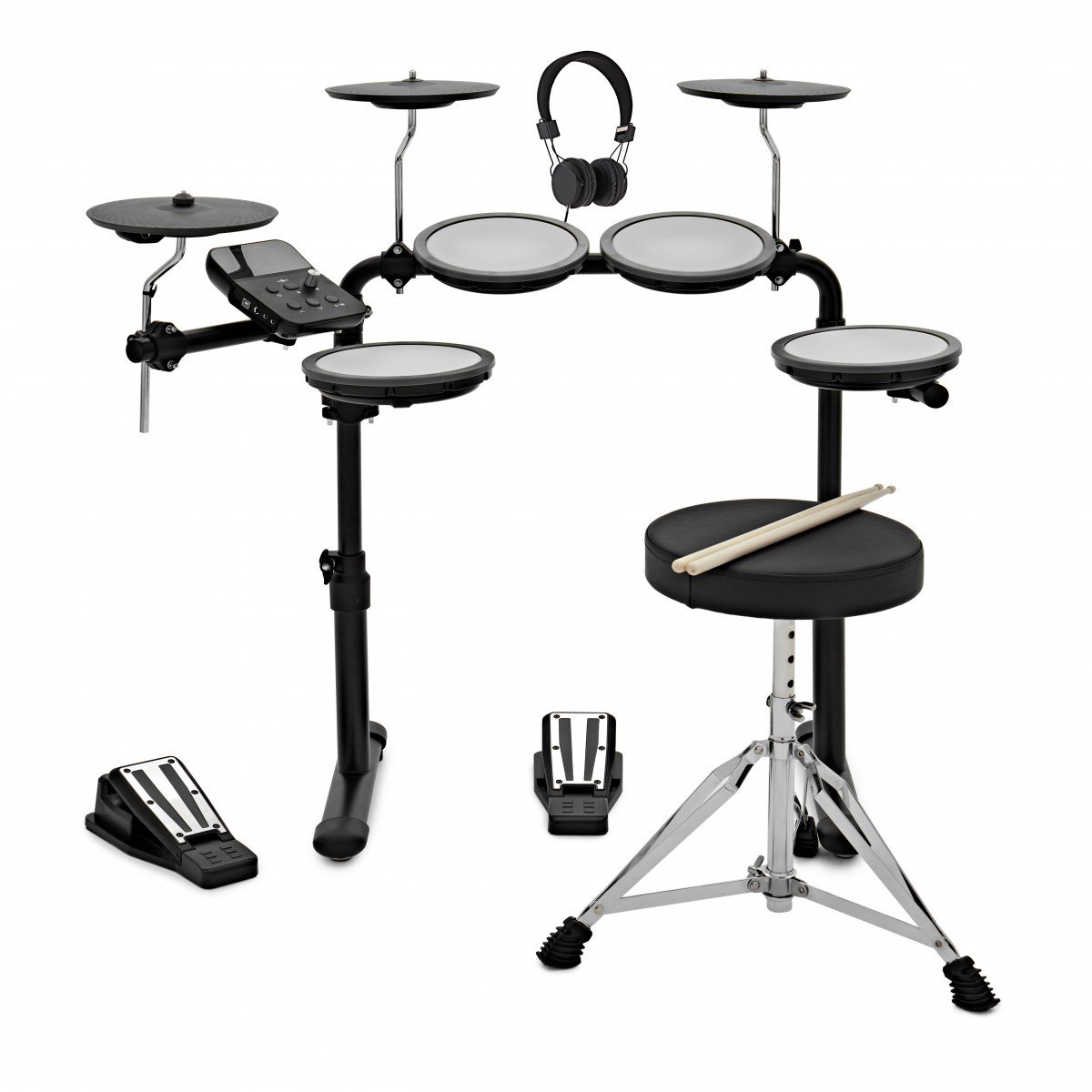 VISIONDRUM 7-Delig Elektronisch Drumstel met Kruk en Koptelefoon - Netwerk Mesh Pads Elektrisch Drumstel voor Kinderen & Volwassenen - Zwart