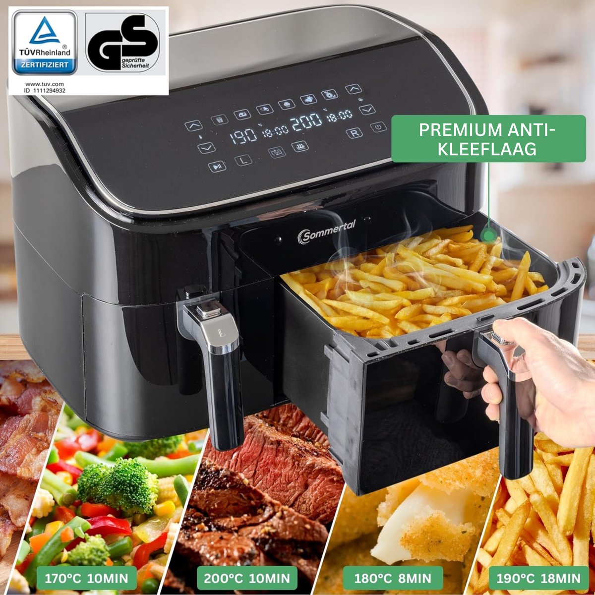 Afbeelding 2 van Sommertal HF DUAL 900 heteluchtfriteuse met dubbele kamer | 9 liter XXL heteluchtfriteuse & dehydrator | 2850 W | Digitaal touchscreen | 3D-luchtcirculatiesysteem | Voorverwarmen | Synchronisatiefunctie