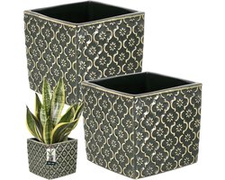 Vierkante vintage donkergroene keramische bloempot 13x13cm H: 13cm geglazuurd keramiek 2 stuks - voor binnen.