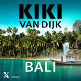 Boekcover 'Kiki van Dijk Bali' met een boot op helderblauw water voor een waterval en palmbomen.