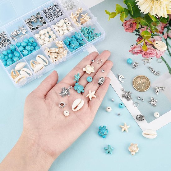 Allecto Plus - Kit de fabrication de bijoux sur le thème de l'océan avec des perles de tortue bleues et blanches et des pendentifs en étoile de mer - Colliers et bracelets de cheville DIY - Fabrication d'amulettes - Accessoires de vie marine