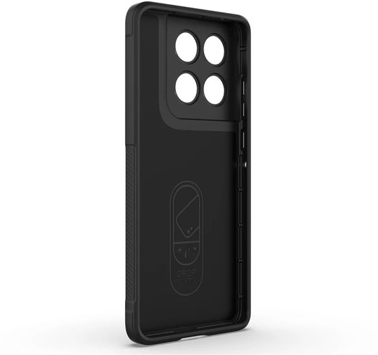 Zwarte telefoonhoes, binnenzijde met uitsparingen voor camera's en logo.