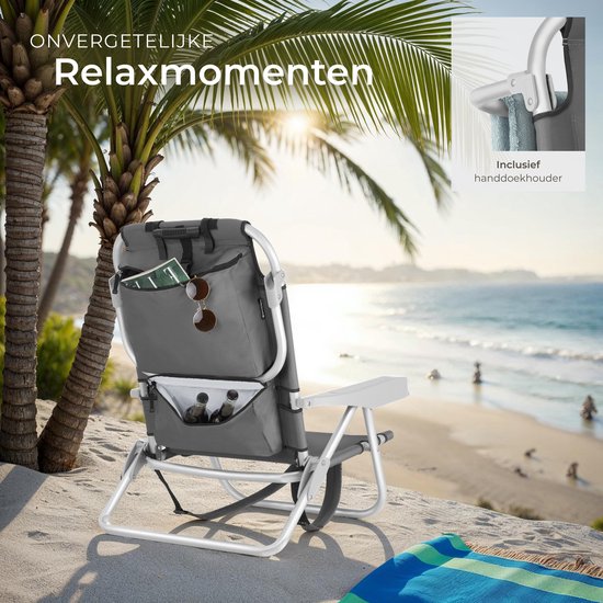 tectake® Strandstoel Coral - Opvouwbare Campingstoel met Koeltas en Opbergtas - 5-voudig Verstelbare Rugleuning met Hoofdkussen - Brede Armleuningen met Bekerhouder / Telefoonhouder - Inklapbare Kampeerstoel - Grijs van Merkloos — afbeelding 5