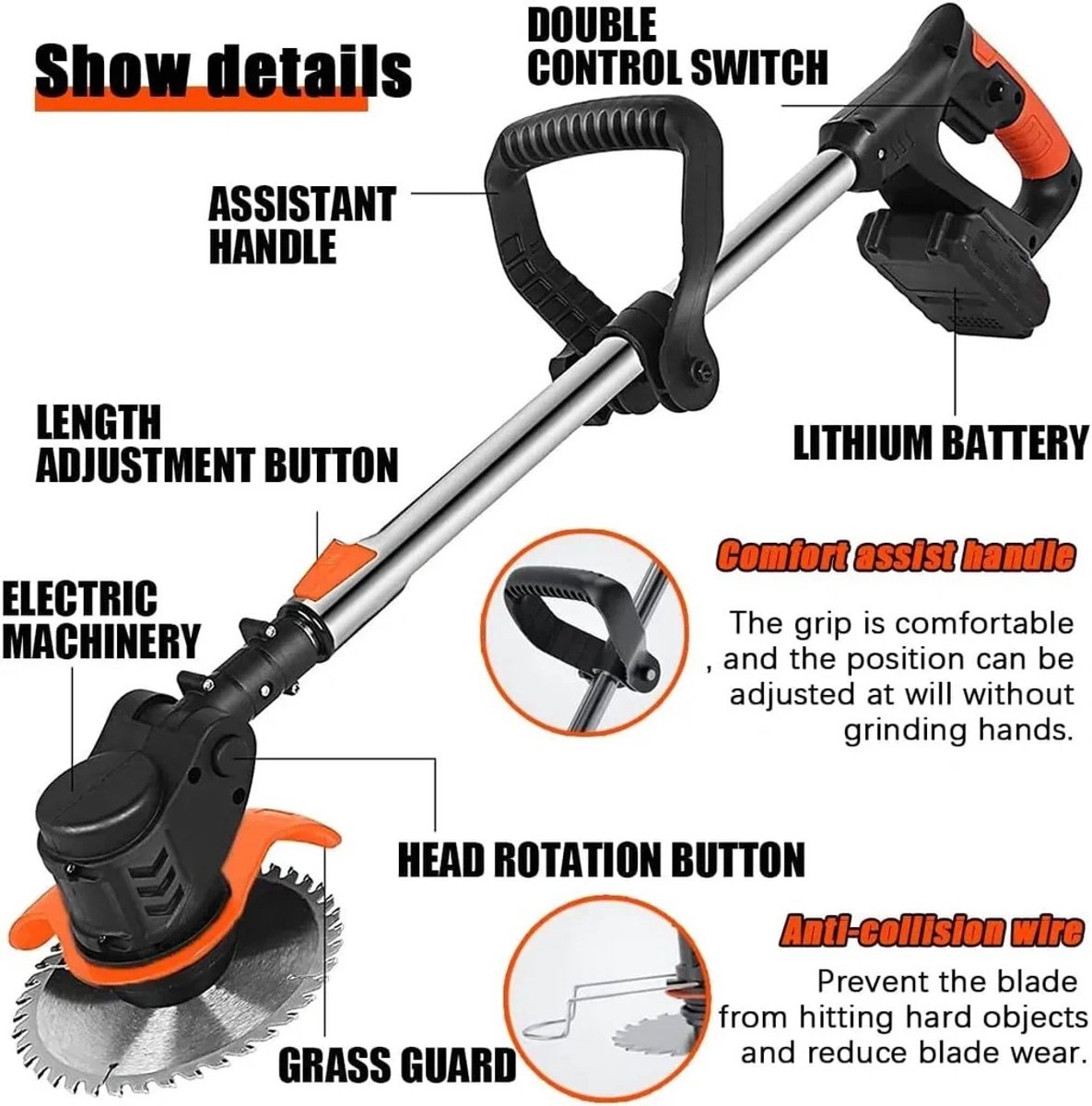 3-in-1 Kantenmaaier – Grastrimmer – Bosmaaier – Grasmaaier – Draadloos & Elektrisch – Incl. 2 Accu ‘s & Snellader - Motorkop -90° en +90° verstelbaar - Incl. 3 snijkoppen – foto 4